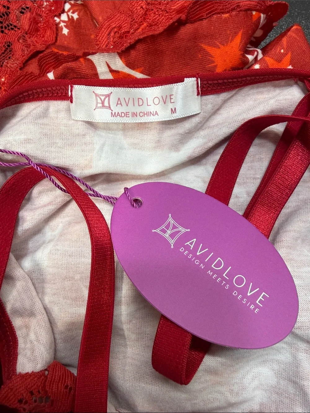 Avidlove NWT Red Christmas Themed Reindeer Tree Peint Lace Trim Chemise Lingerie